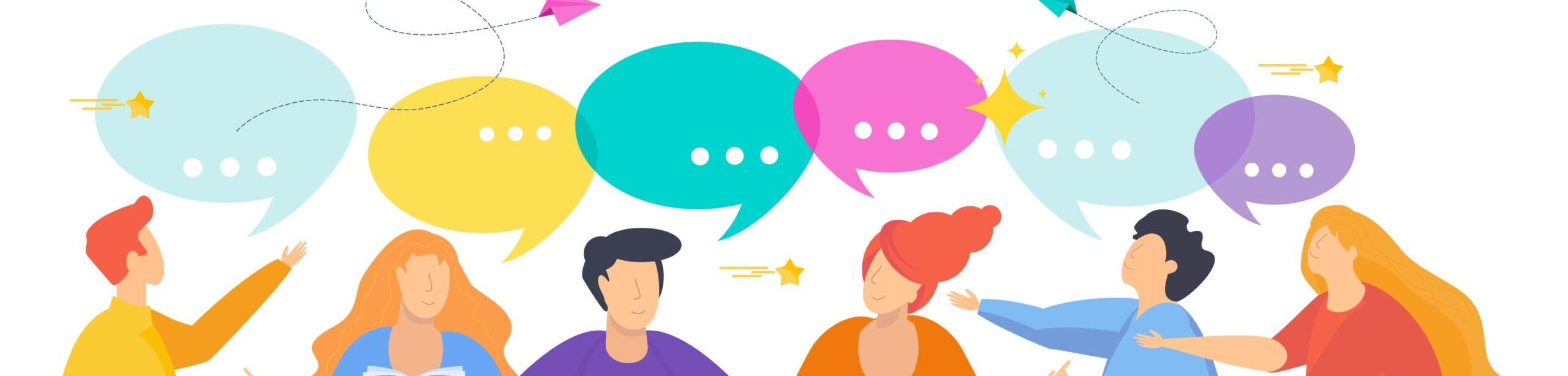 Illustration von Menschen mit bunten Sprechblasen – Symbol für empathischen Dialog in der Kommunikation