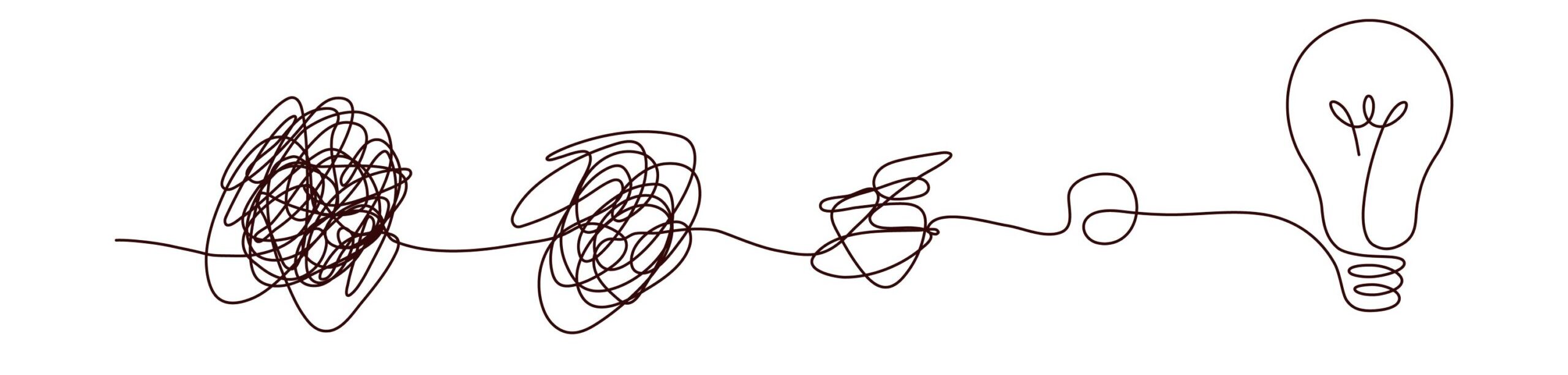 Symbolische Darstellung eines gedanklichen Chaos, das sich zu einer klaren Idee (Glühbirne) entwickelt – Sinnbild für psychotherapeutische Prozesse