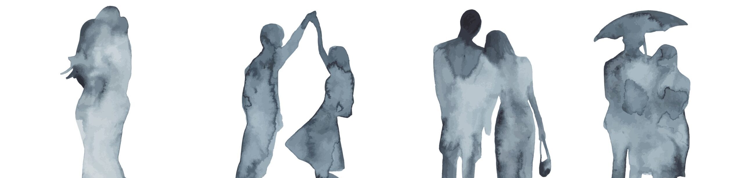 Vier Aquarellsilhouetten von Paaren in liebevollen Momenten – Nähe, Tanz, Zärtlichkeit und Geborgenheit