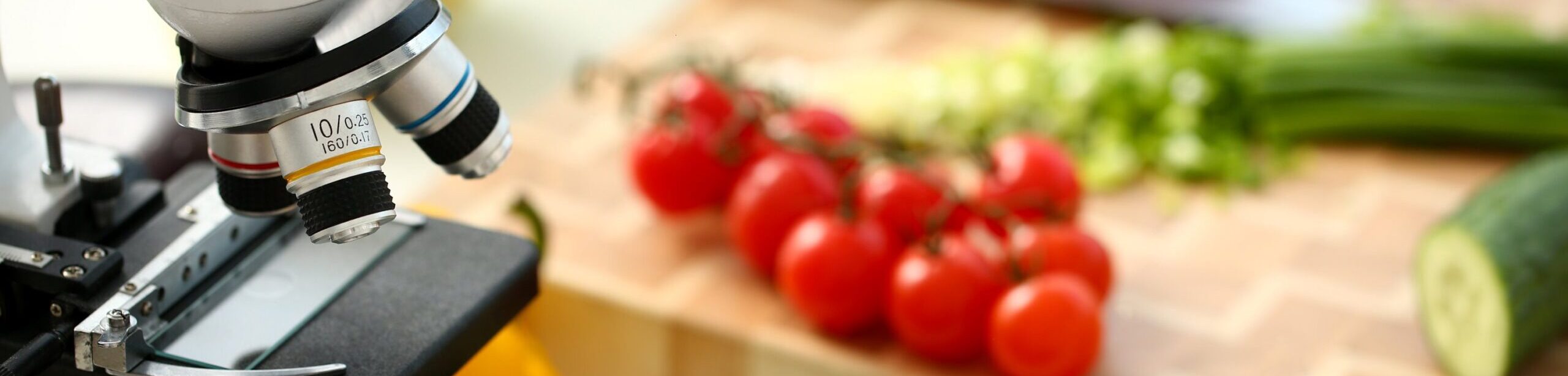 Mikroskop mit frischem Gemüse im Hintergrund – Fokus auf Tomaten, Gurken und Kräuter