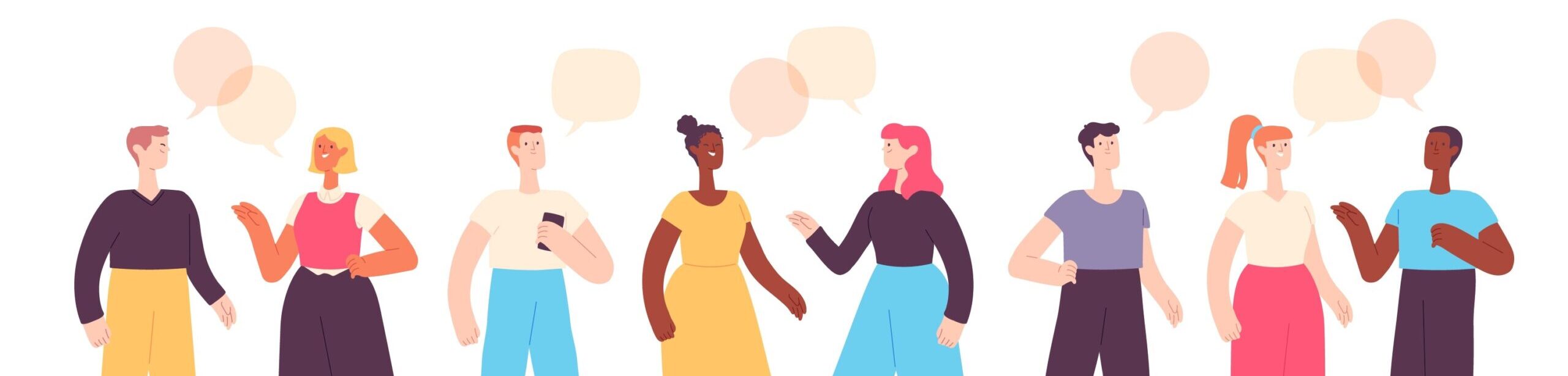 Menschen im Dialog mit Sprechblasen – symbolisiert Kommunikation und persönliche Entwicklung