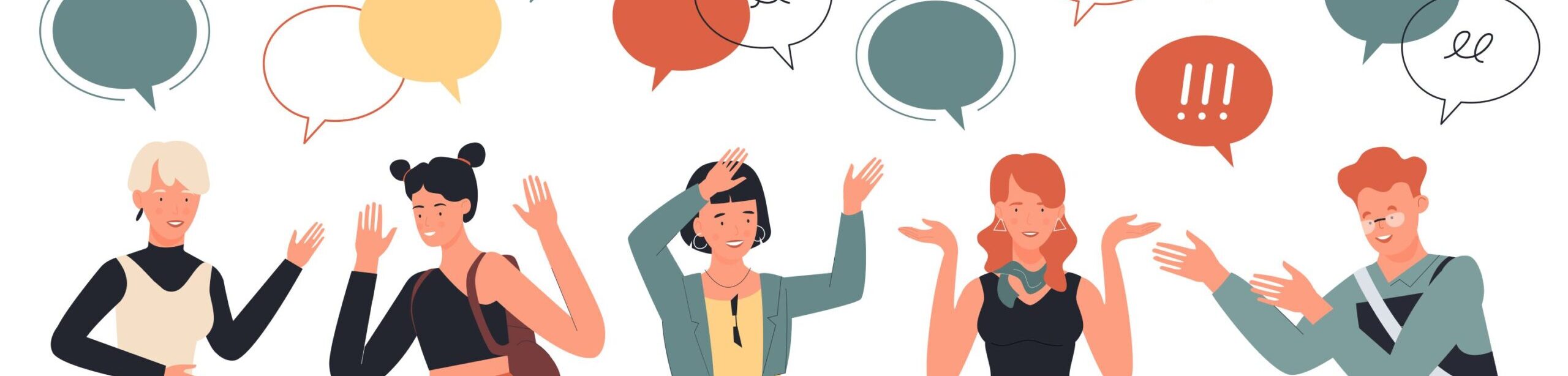 Illustration von fünf Personen in einer lebhaften Diskussion mit Sprechblasen – Kommunikation und psychologische Dynamiken im Austausch