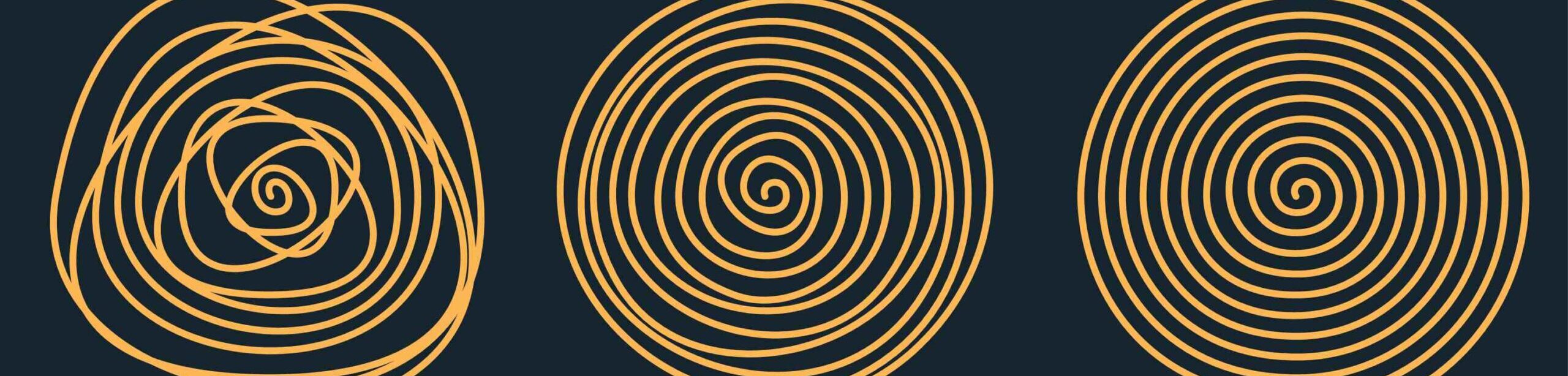 Drei ineinander übergehende Spiralen – von chaotisch zu geordnet – symbolisieren den Prozess innerer Klärung durch SIPS 2
