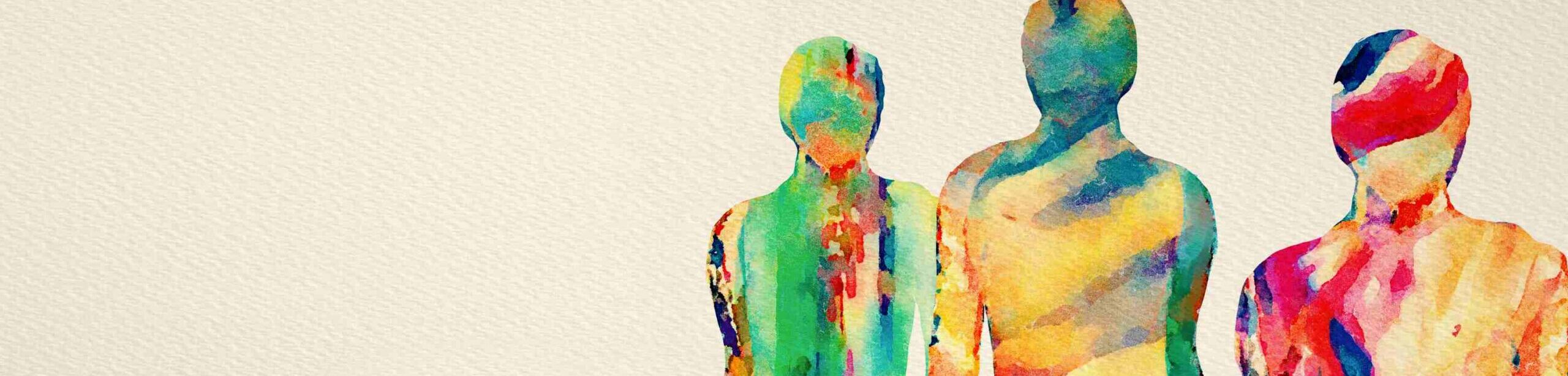 Bunte, abstrakte Silhouetten von Menschen auf beigem Hintergrund – Symbol für Persönlichkeit, Kommunikation und psychologische Prozesse