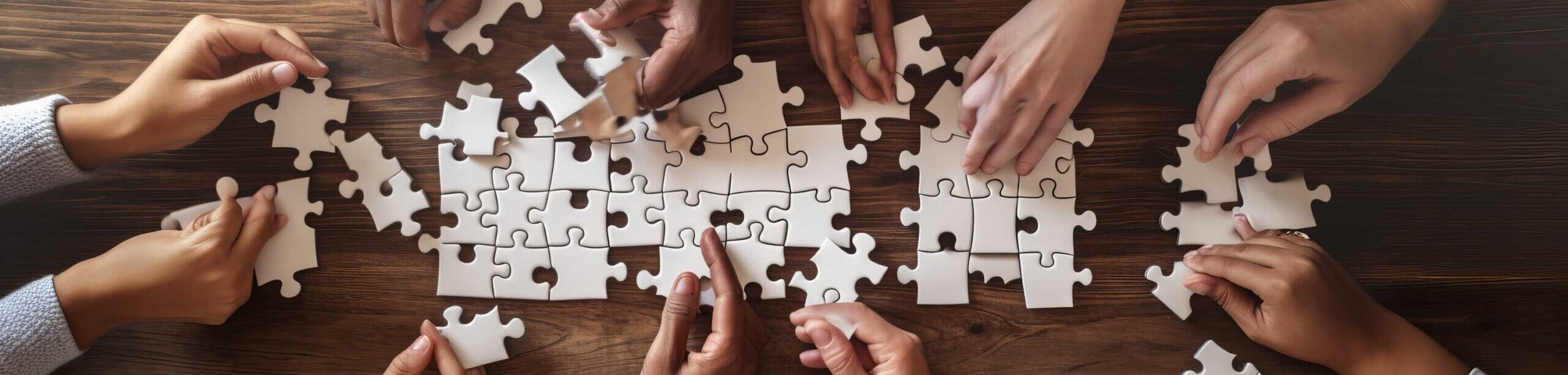 Mehrere Hände setzen gemeinsam ein Puzzle zusammen auf einem Holztisch