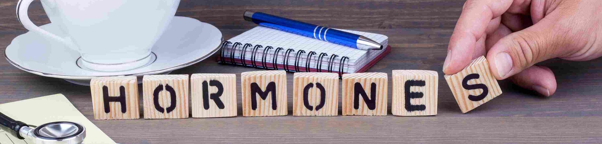 Holzwürfel mit dem Wort „Hormones“, daneben eine Kaffeetasse, Notizbuch, Stift und Stethoskop auf einem Holztisch