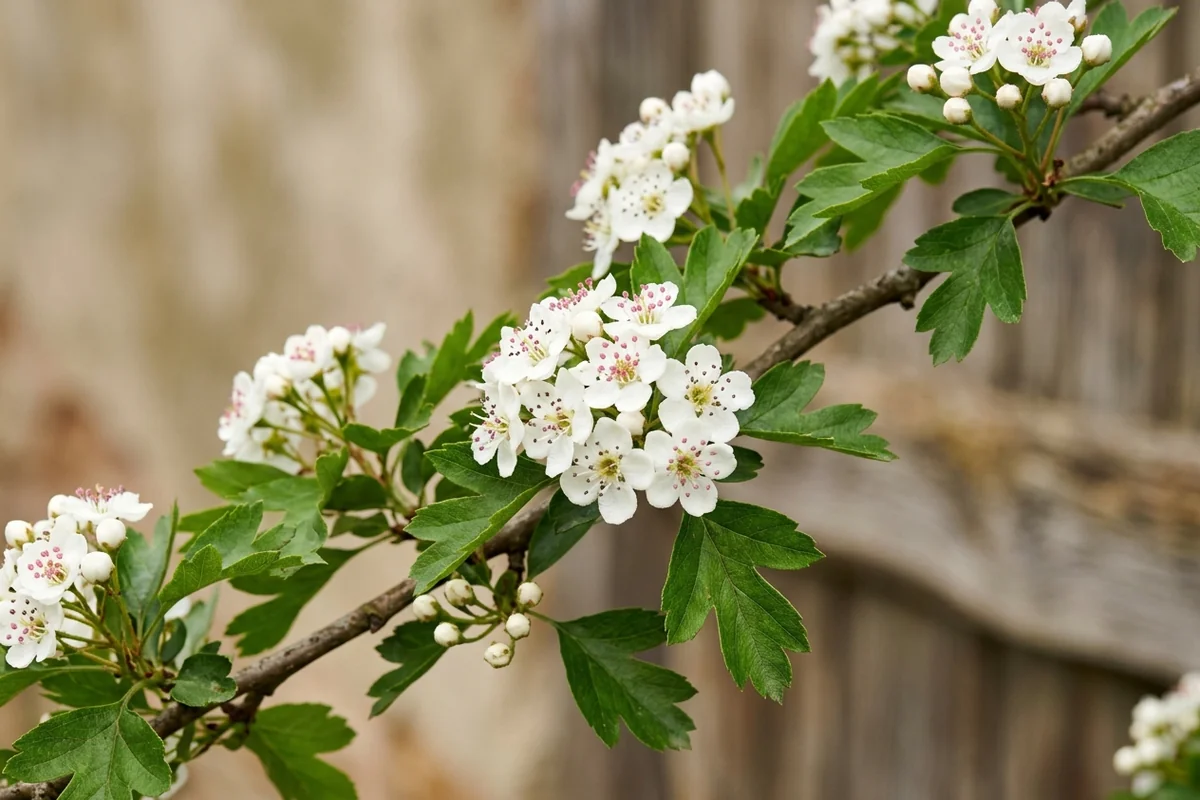 Blühender Weißdorn (Crataegus monogyna) mit weißen Blüten und gelappten Blättern