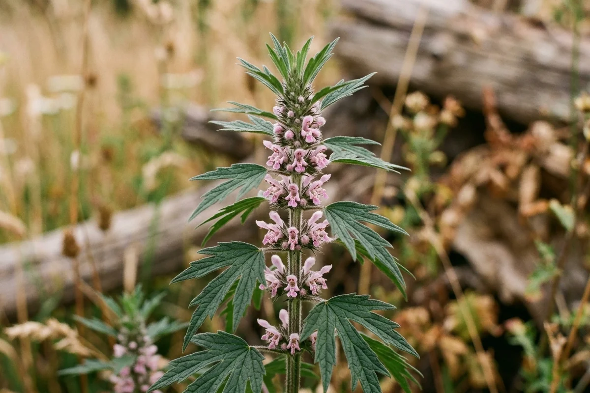 Herzgespann (Leonurus cardiaca) mit rosa Blütenquirlen und tief gelappten Blättern