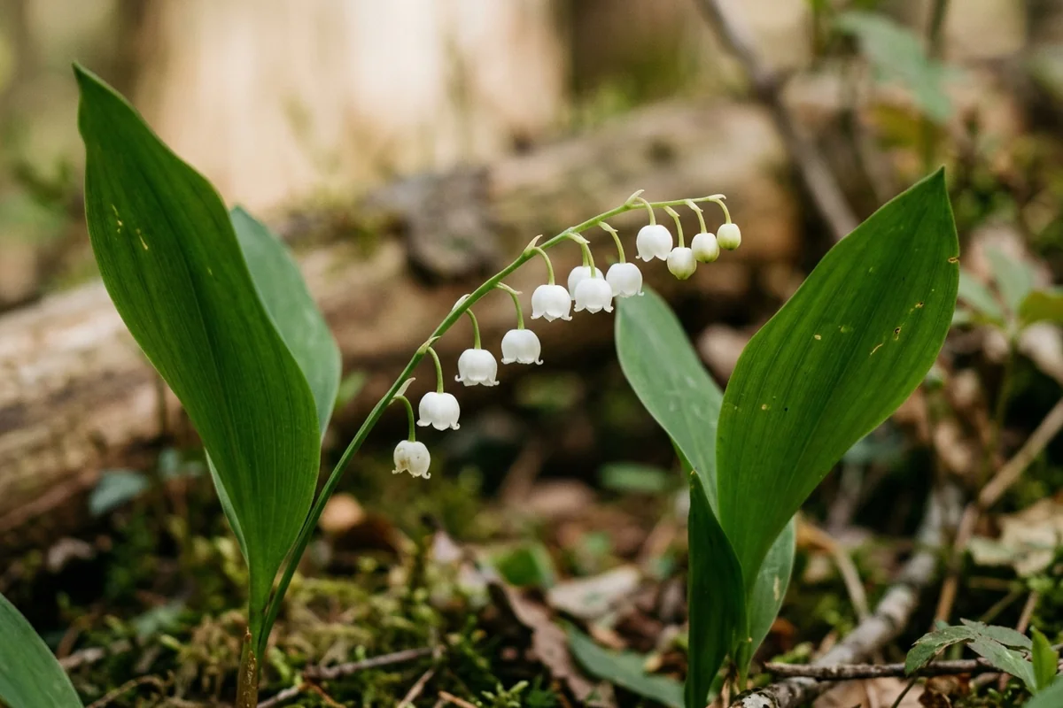 Blühendes Maiglöckchen (Convallaria majalis) mit glockenförmigen weißen Blüten